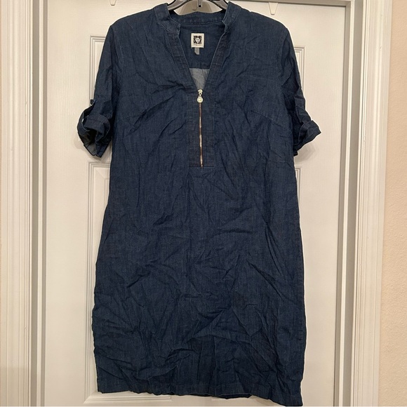 Anne Klein Zippered-Neck Tab-Cuff Denim Shift Dress Size 8 - Picture 2 of 10